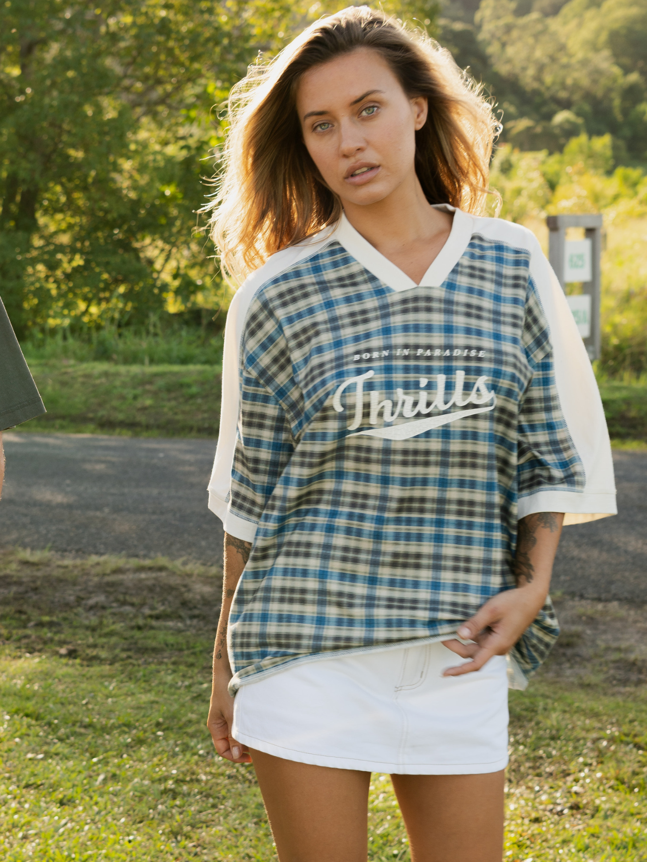 Desert Reverb V Neck Oversized Tee - Dusty Blue