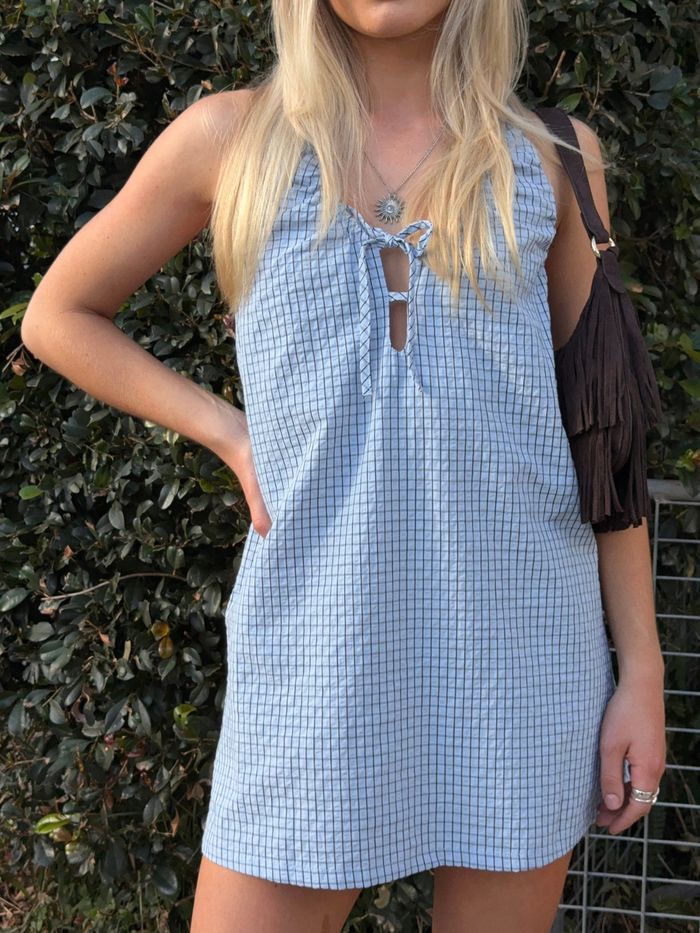 Cameron Halter Shift Mini Dress - Blue Check