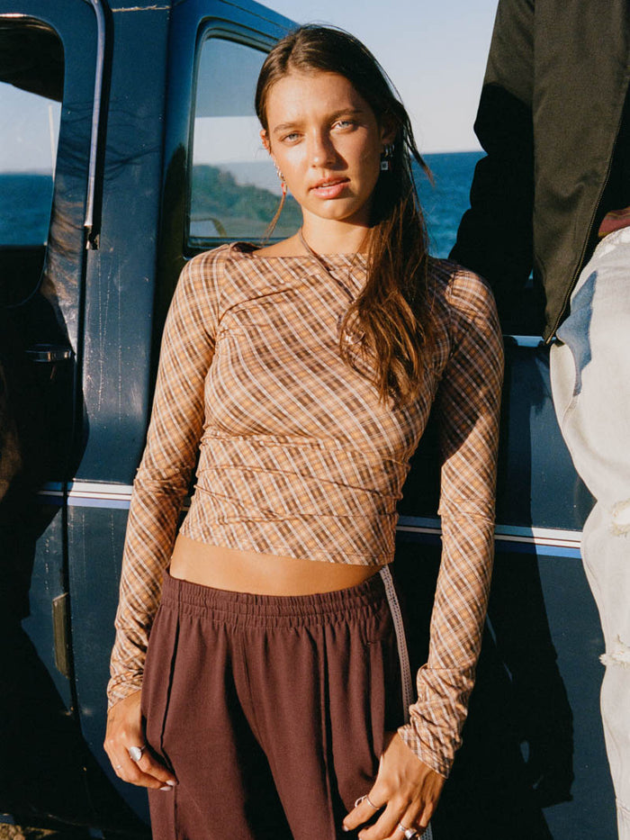 No Vacancy Check Long Sleeve Top - Cinnamon