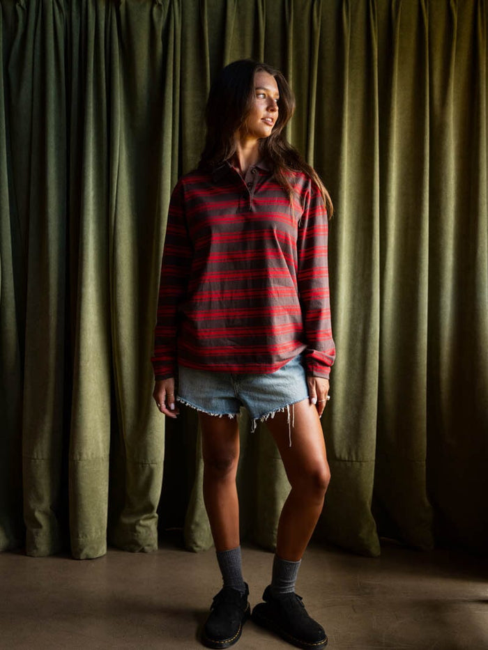 Conditions Apply Stripe Long Sleeve Polo - Bitter Chocolate