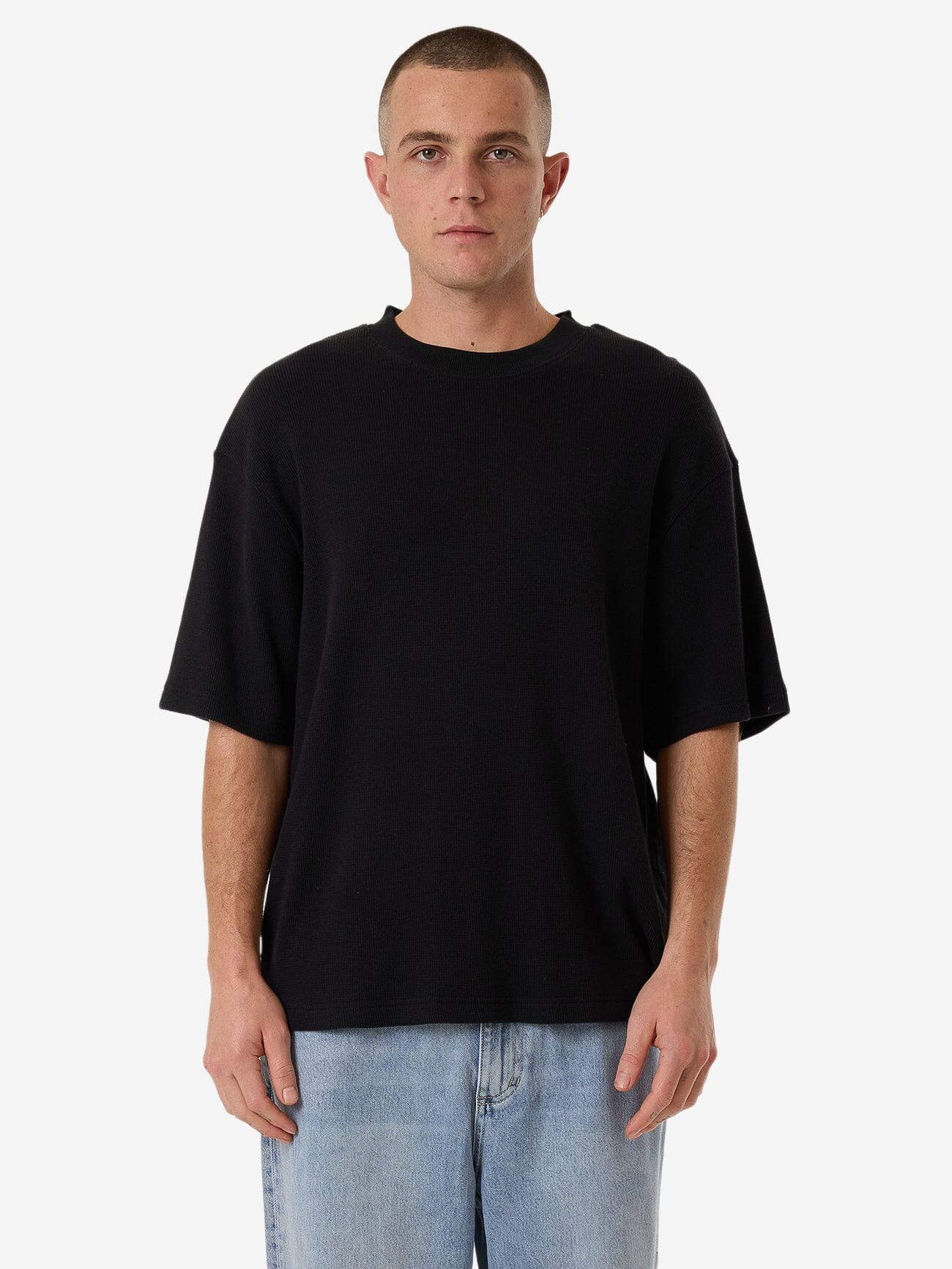 Existencial Waffle Box Fit Cropped Tee - Black