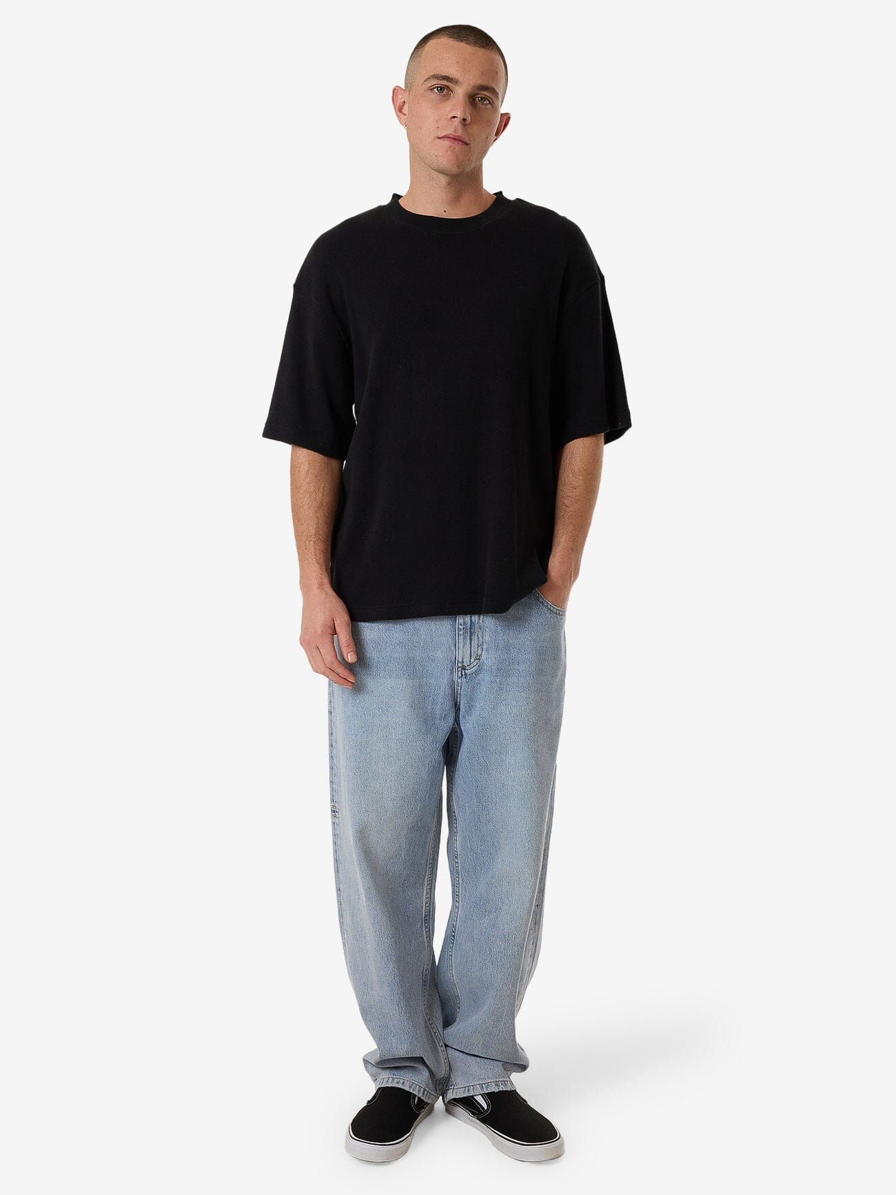 Existencial Waffle Box Fit Cropped Tee - Black