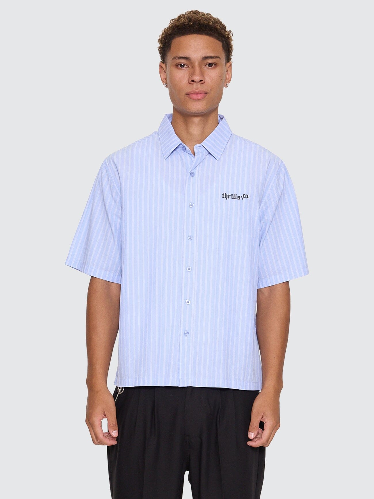 Perception Box Crop Short Sleeve Shirt - Blue Stripe