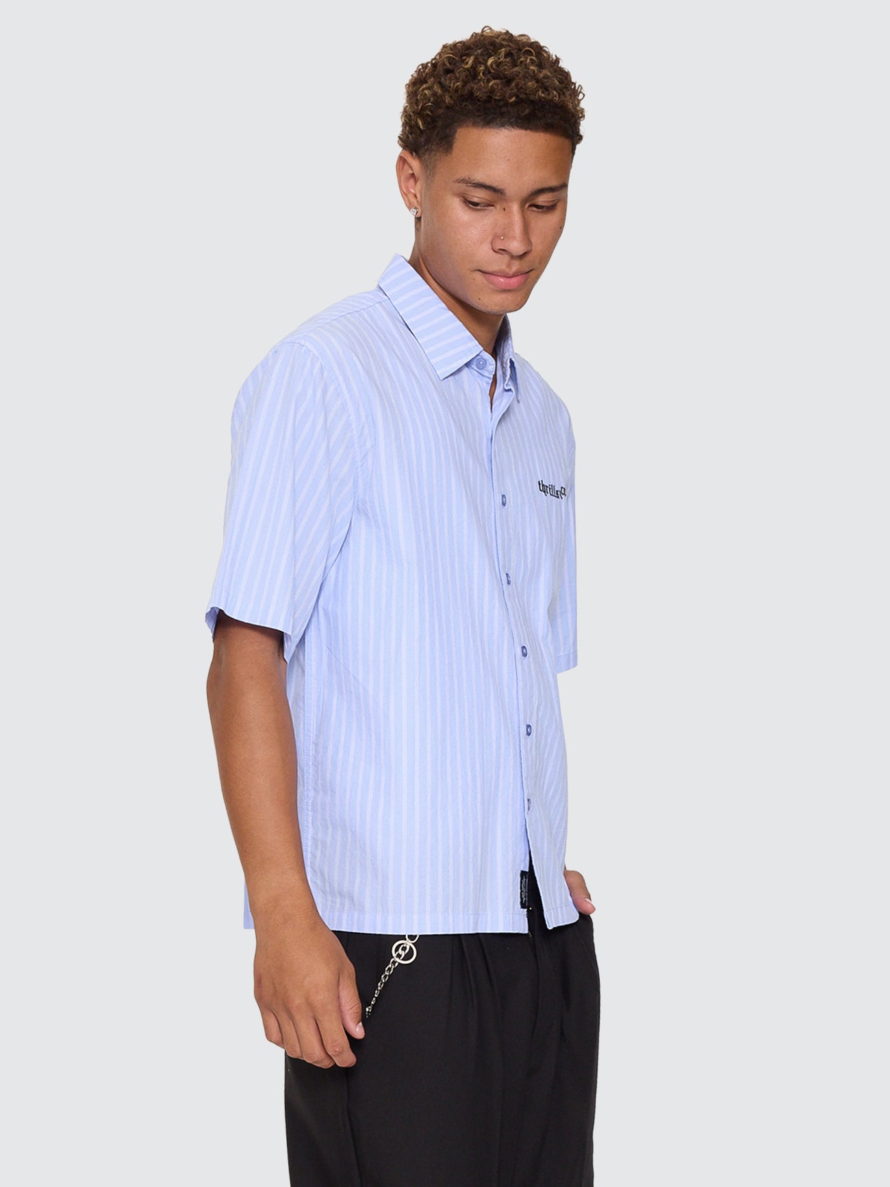 Perception Box Crop Short Sleeve Shirt - Blue Stripe