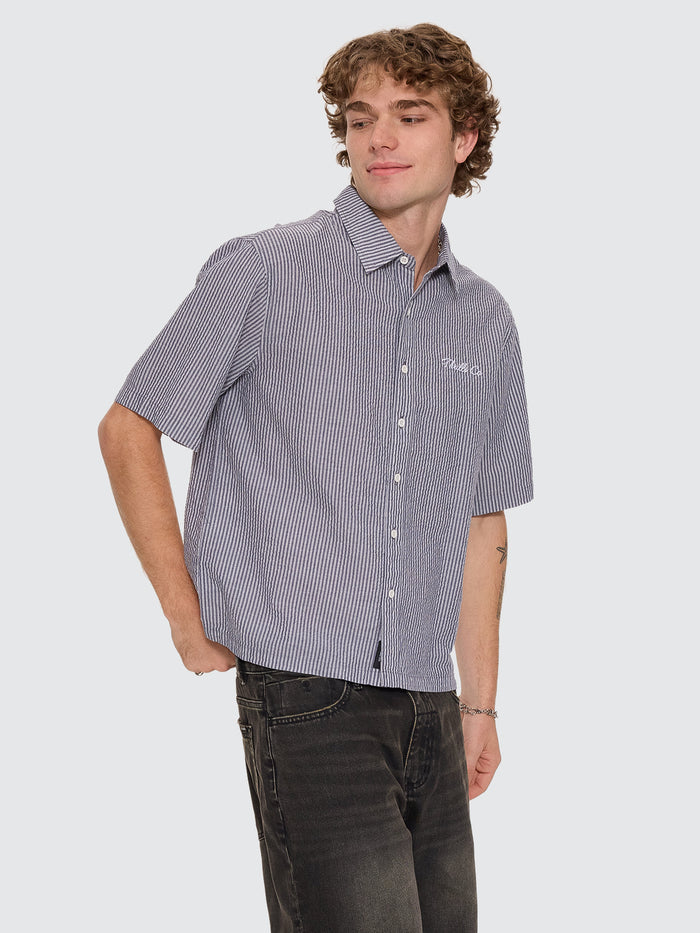 Visions Box Crop Short Sleeve Shirt - Navy Stripe
