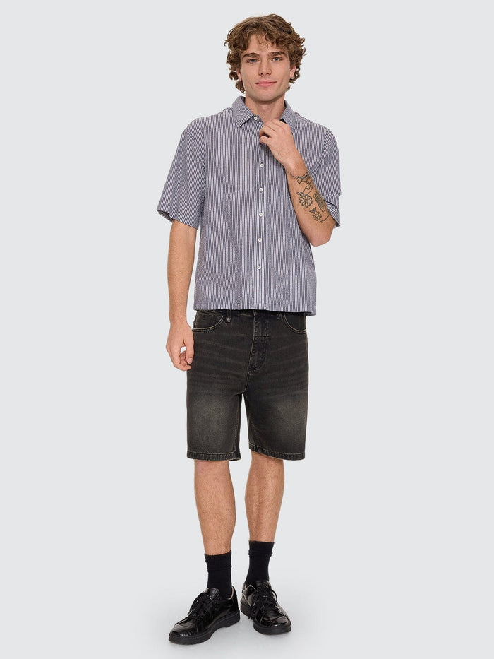 Visions Box Crop Short Sleeve Shirt - Navy Stripe