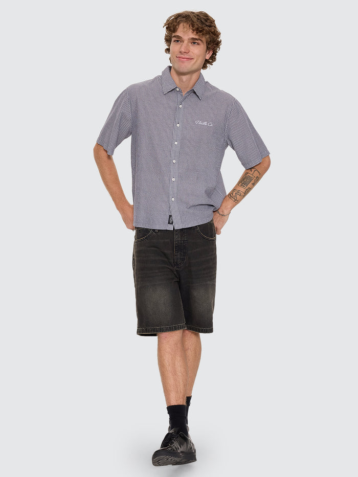 Visions Box Crop Short Sleeve Shirt - Navy Stripe