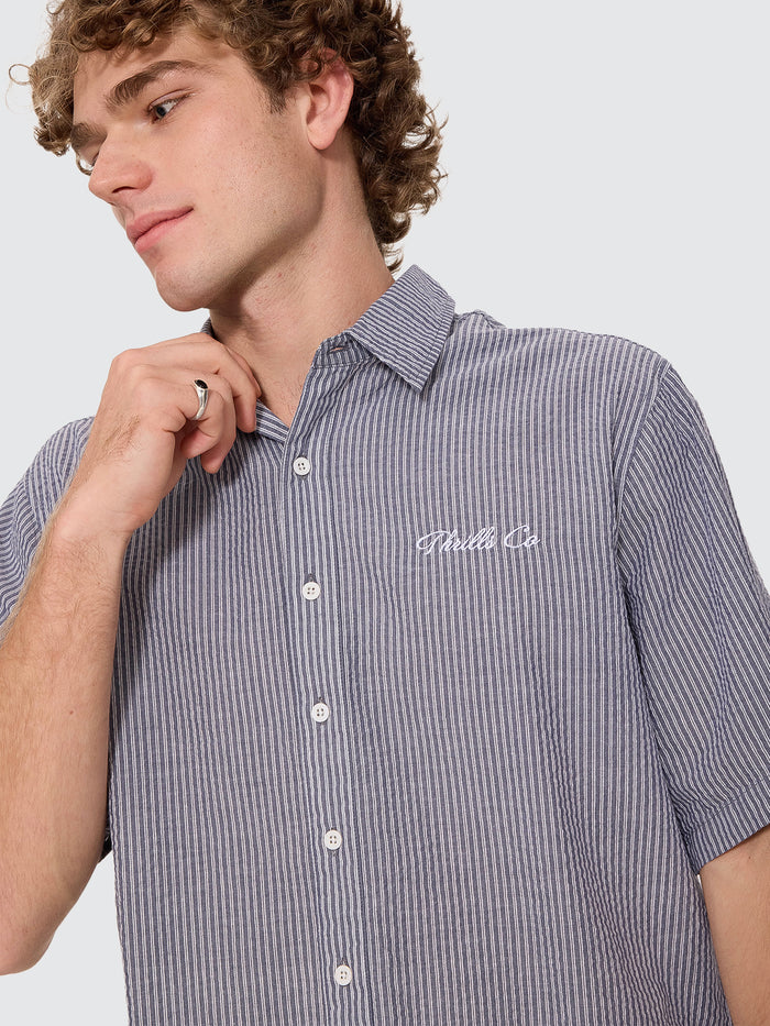 Visions Box Crop Short Sleeve Shirt - Navy Stripe