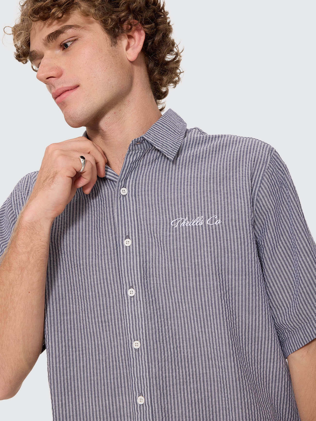 Visions Box Crop Short Sleeve Shirt - Navy Stripe XS