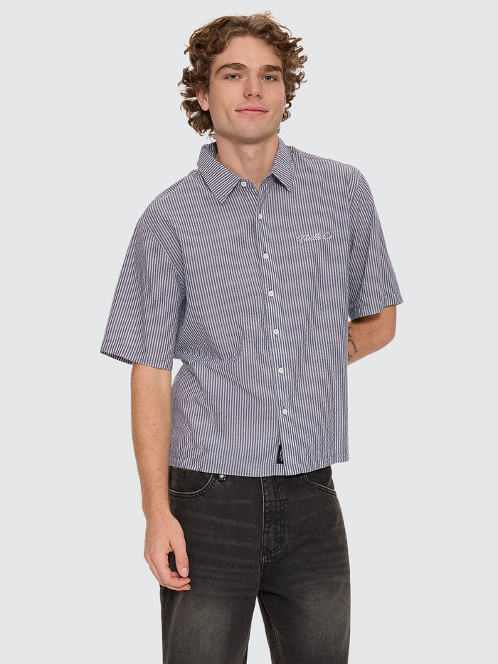 Visions Box Crop Short Sleeve Shirt - Navy Stripe