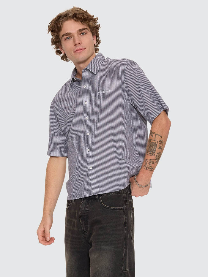 Visions Box Crop Short Sleeve Shirt - Navy Stripe XS