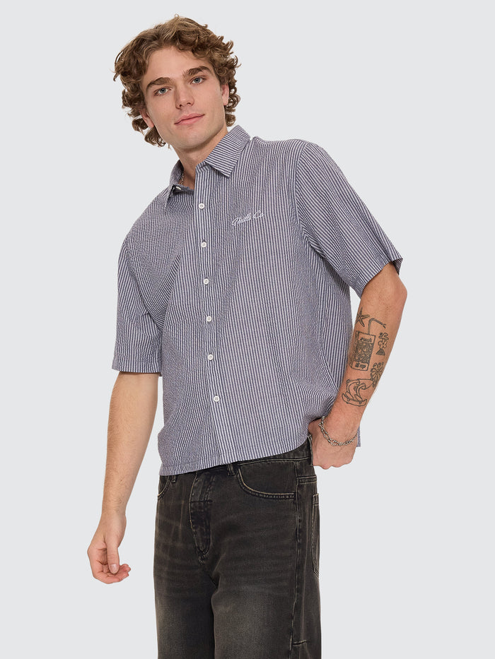 Visions Box Crop Short Sleeve Shirt - Navy Stripe