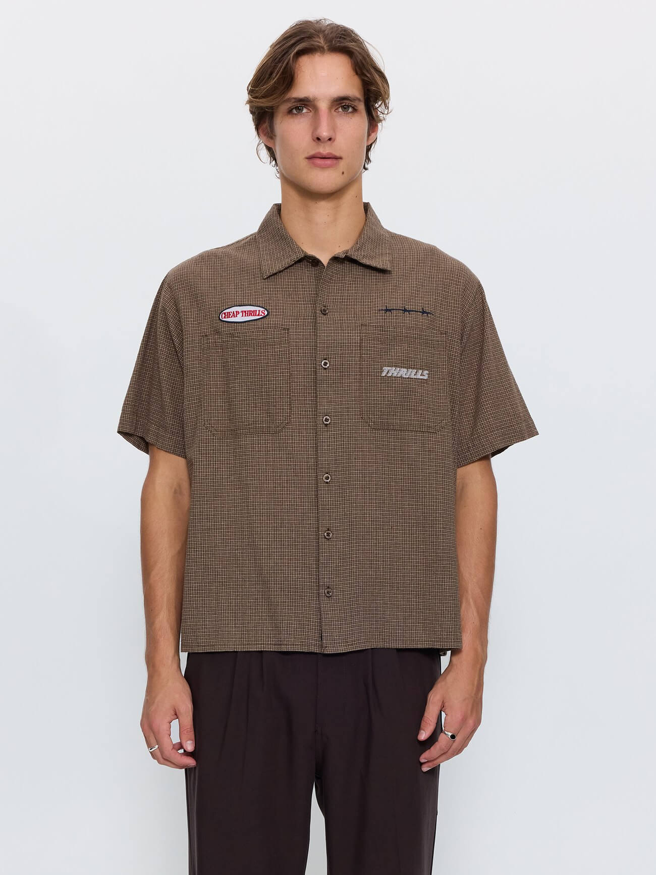 Built for Speed Box Crop Short Sleeve Shirt - Brown Stone Check XS