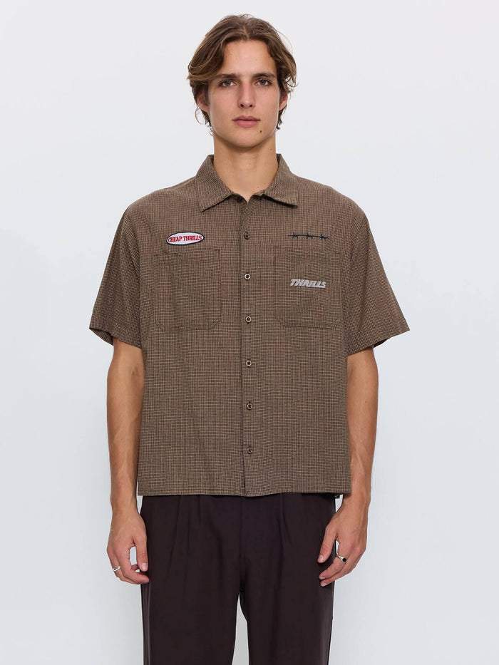 Built for Speed Box Crop Short Sleeve Shirt - Brown Stone Check XS