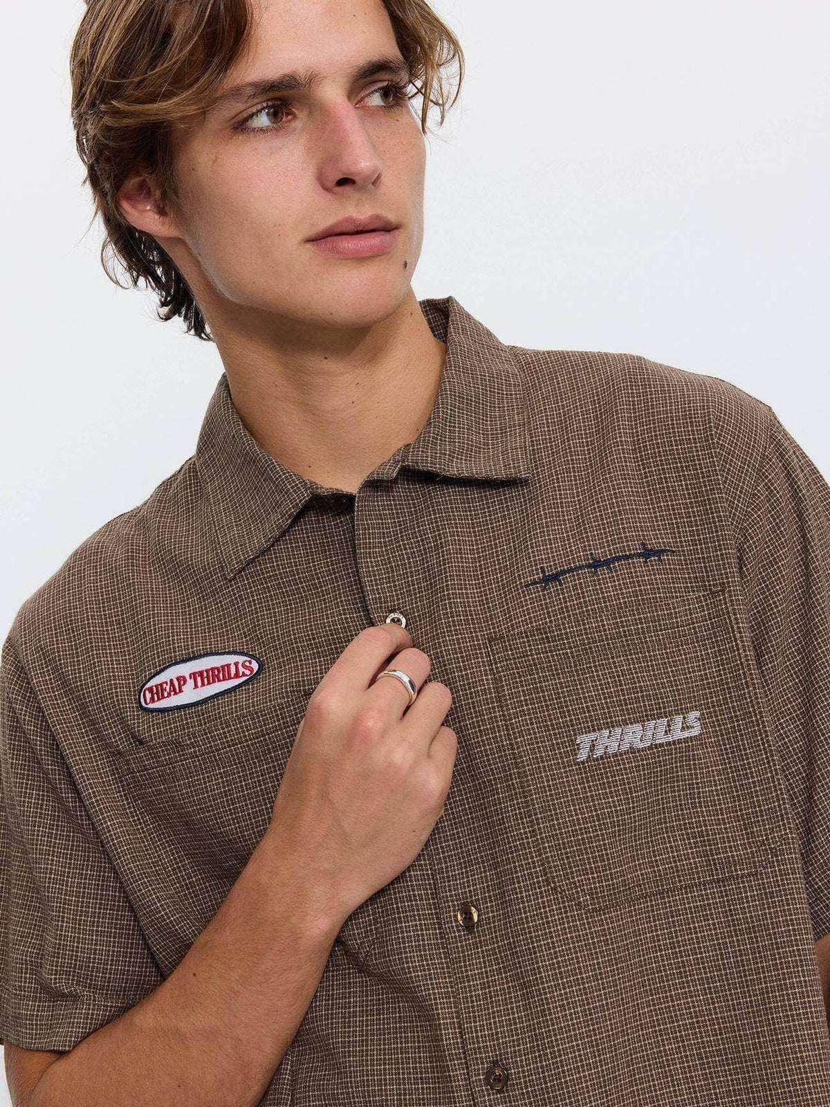 Built for Speed Box Crop Short Sleeve Shirt - Brown Stone Check XS