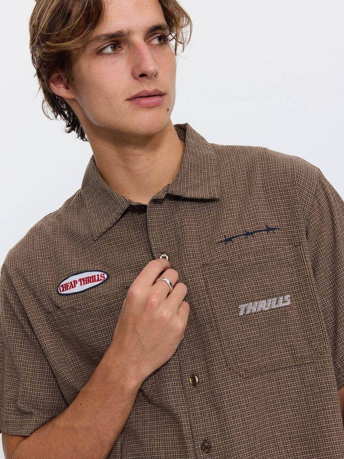 Built for Speed Box Crop Short Sleeve Shirt - Brown Stone Check XS