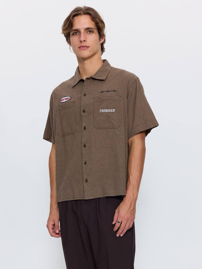 Built for Speed Box Crop Short Sleeve Shirt - Brown Stone Check XS