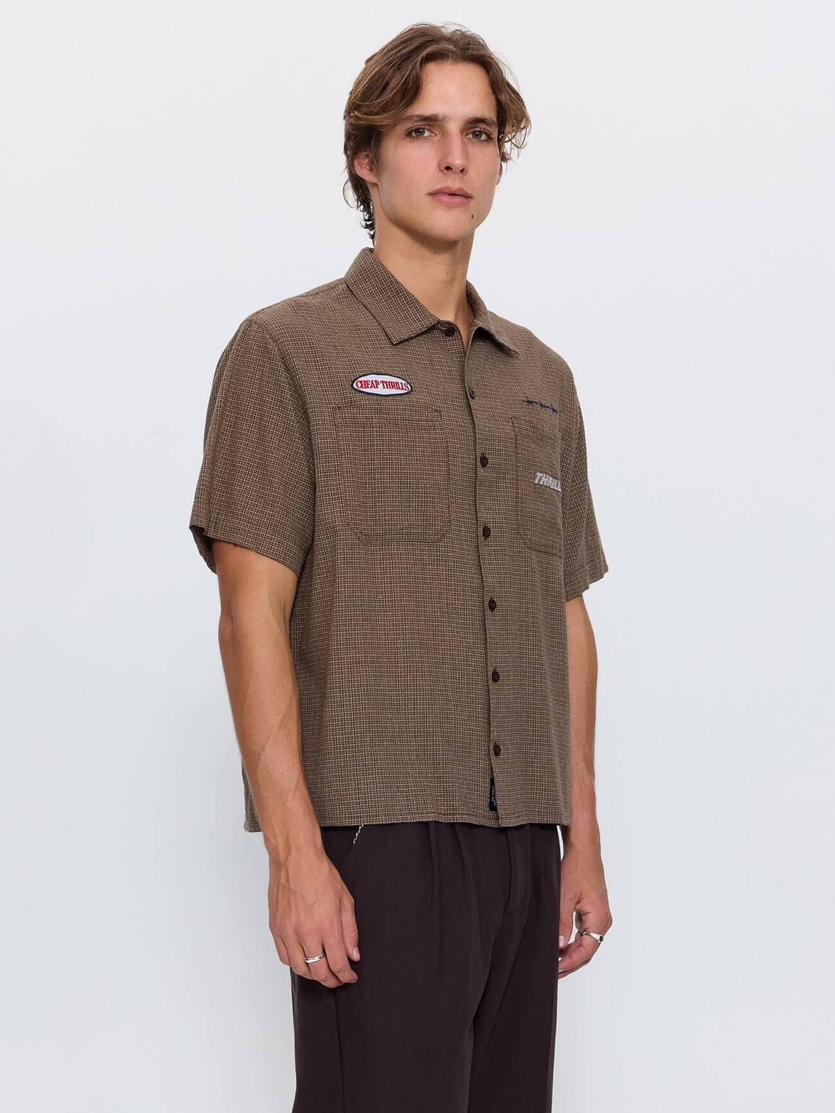 Built for Speed Box Crop Short Sleeve Shirt - Brown Stone Check XS
