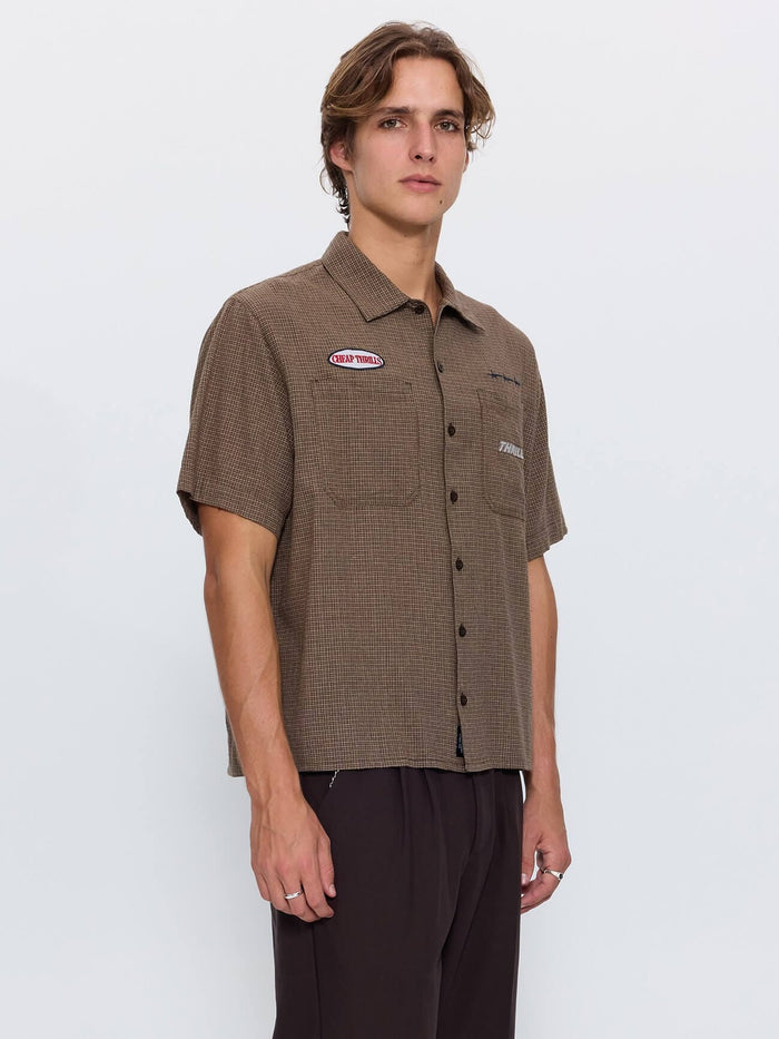 Built for Speed Box Crop Short Sleeve Shirt - Brown Stone Check XS