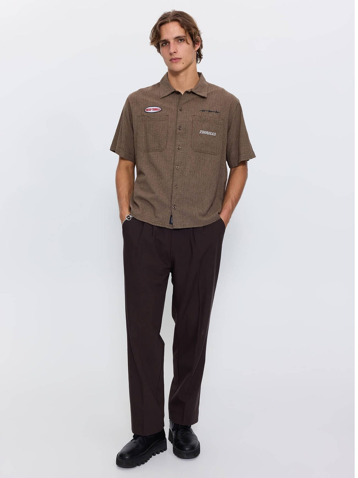 Built for Speed Box Crop Short Sleeve Shirt - Brown Stone Check XS
