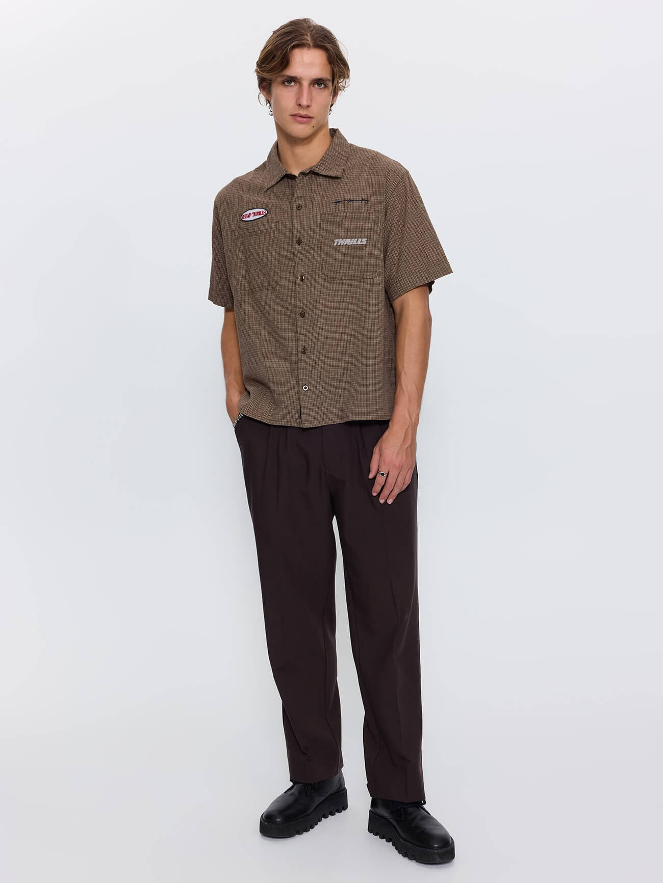 Built for Speed Box Crop Short Sleeve Shirt - Brown Stone Check XS