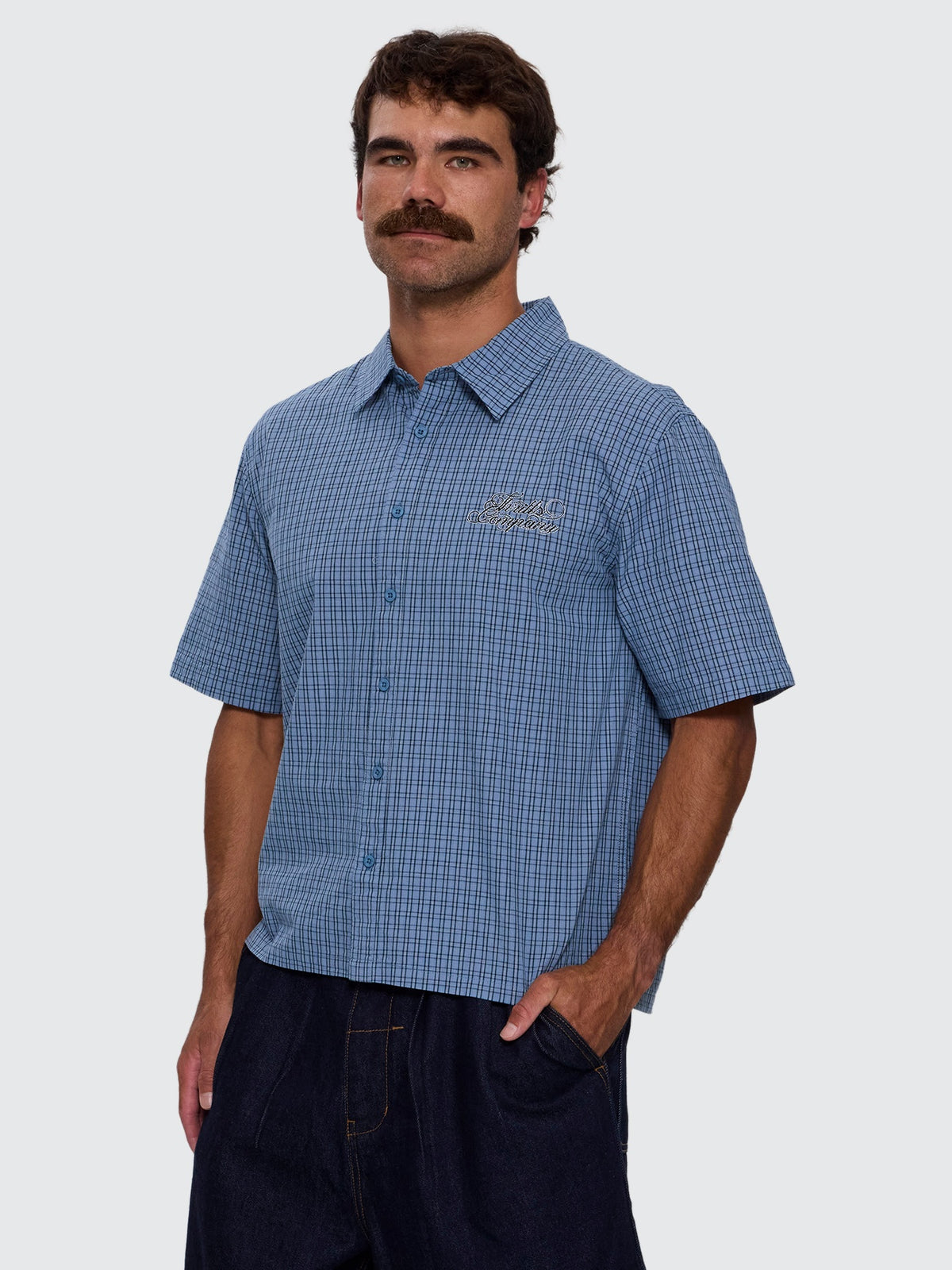 Lost Cause Check Cropped Short Sleeve Shirt - Vintage Blue XS