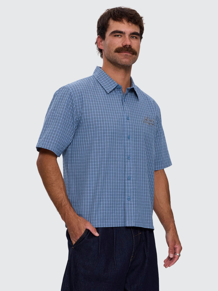 Lost Cause Check Cropped Short Sleeve Shirt - Vintage Blue XS