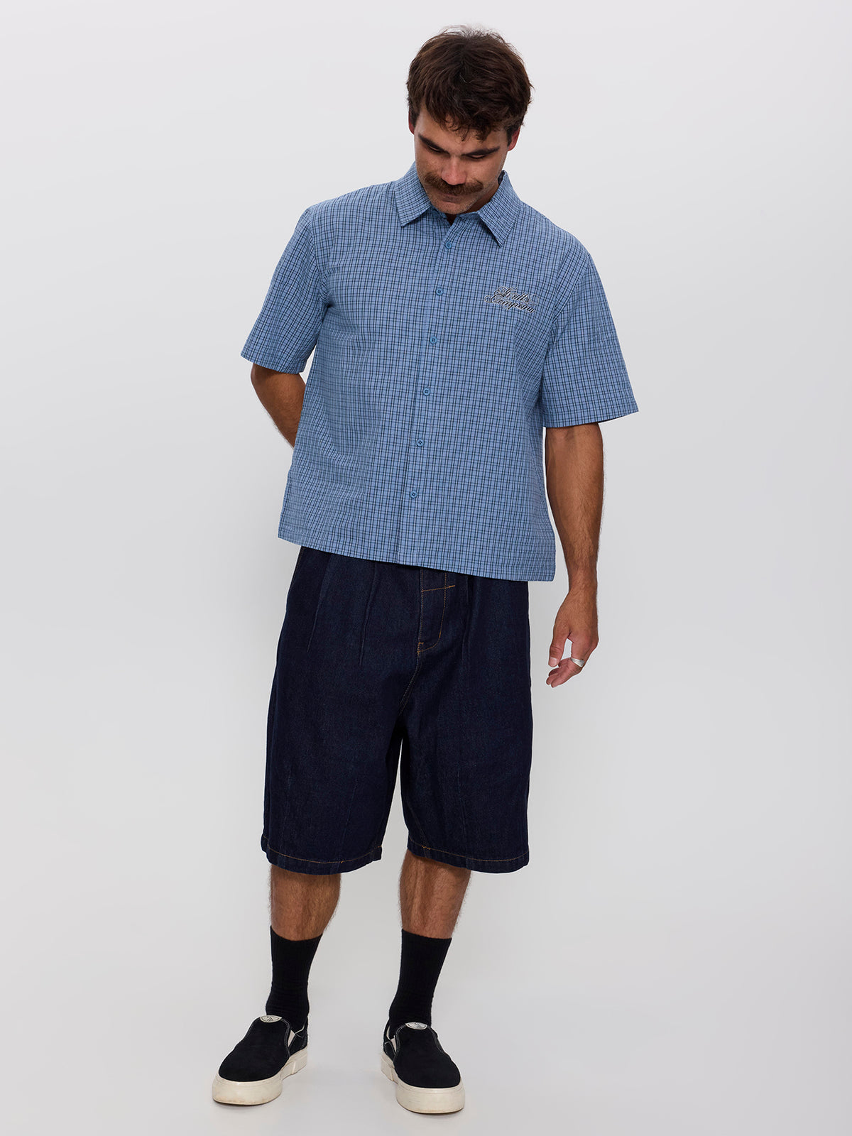 Lost Cause Check Cropped Short Sleeve Shirt - Vintage Blue XS