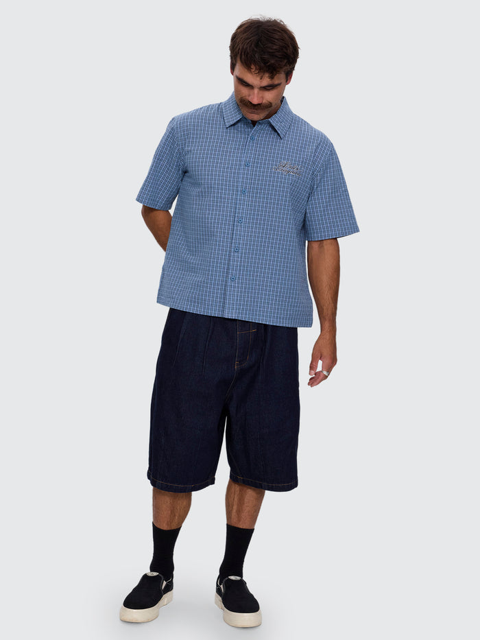 Lost Cause Check Cropped Short Sleeve Shirt - Vintage Blue XS