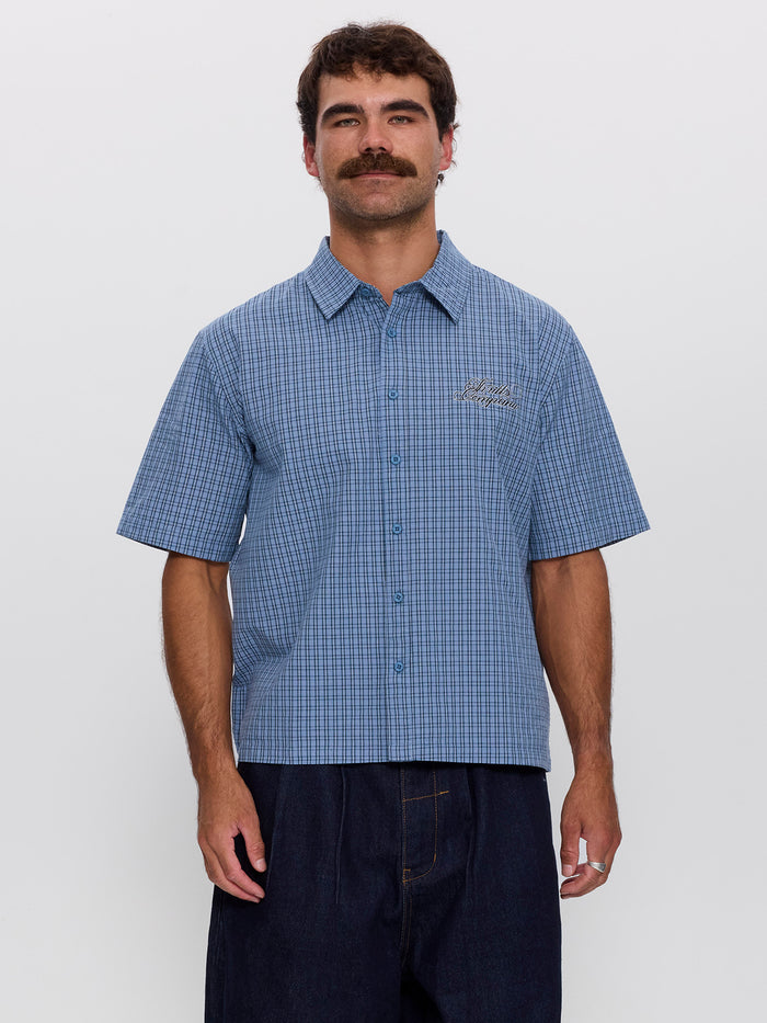 Lost Cause Check Cropped Short Sleeve Shirt - Vintage Blue XS
