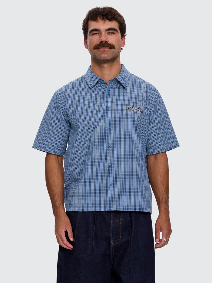 Lost Cause Check Cropped Short Sleeve Shirt - Vintage Blue XS
