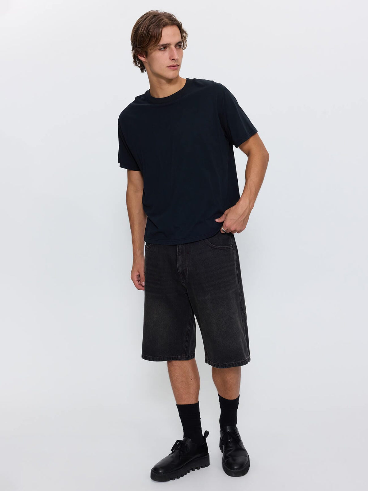 Built To Win Mid Slacker Relaxed Long Denim Short - Licorice 26