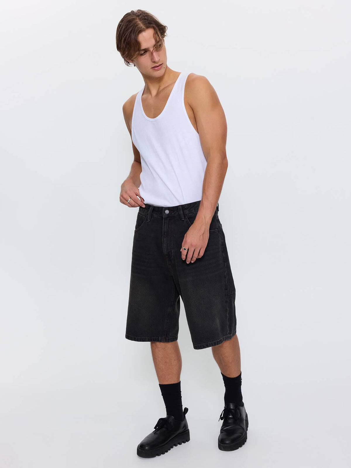 Built To Win Mid Slacker Relaxed Long Denim Short - Licorice 26
