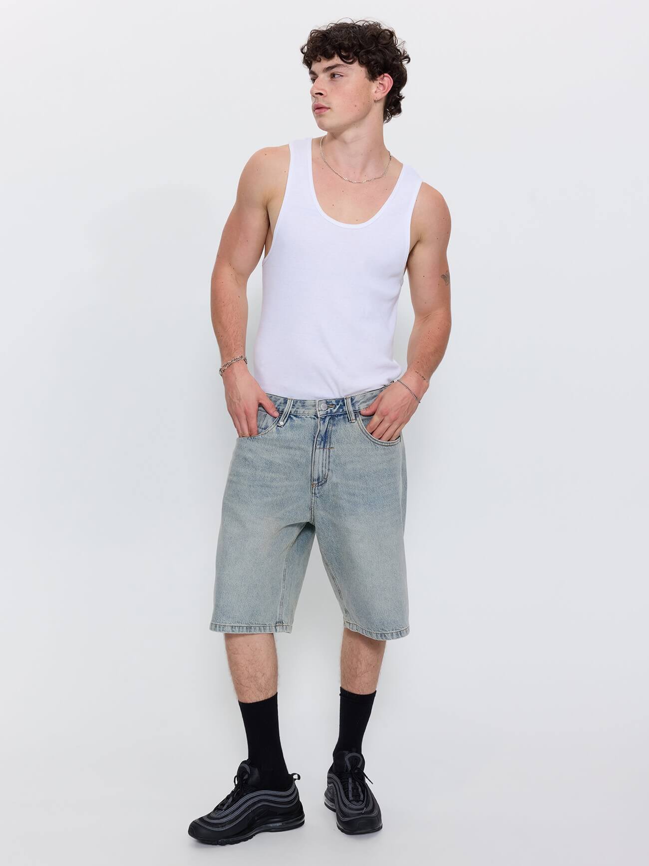 Built To Win Mid Slacker Relaxed Long Denim Short - Light Granite Blue 26