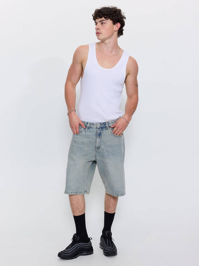 Built To Win Mid Slacker Relaxed Long Denim Short - Light Granite Blue 26