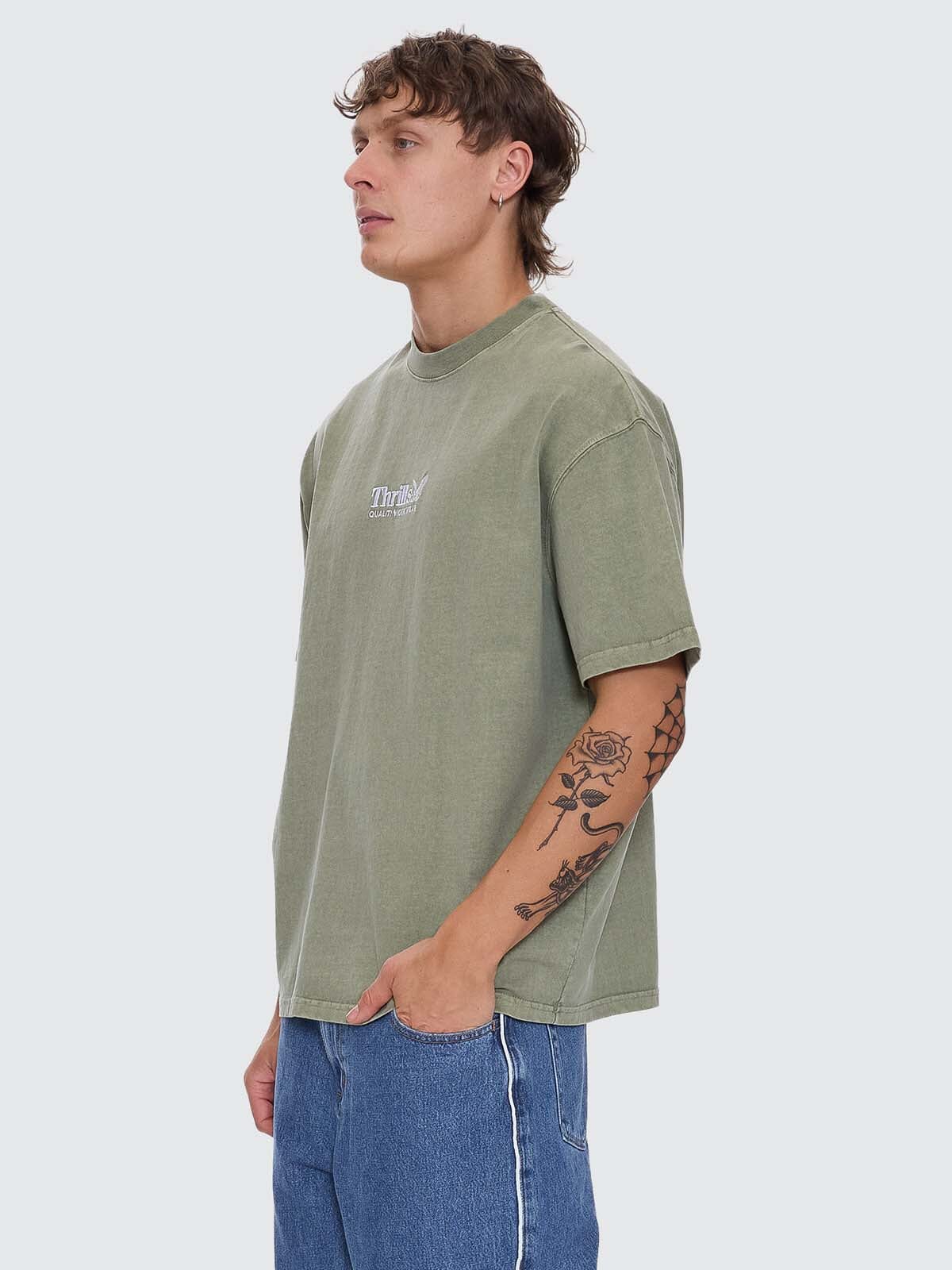 Thrills Workwear Embro Box Fit Oversize Tee - Light Olive XS