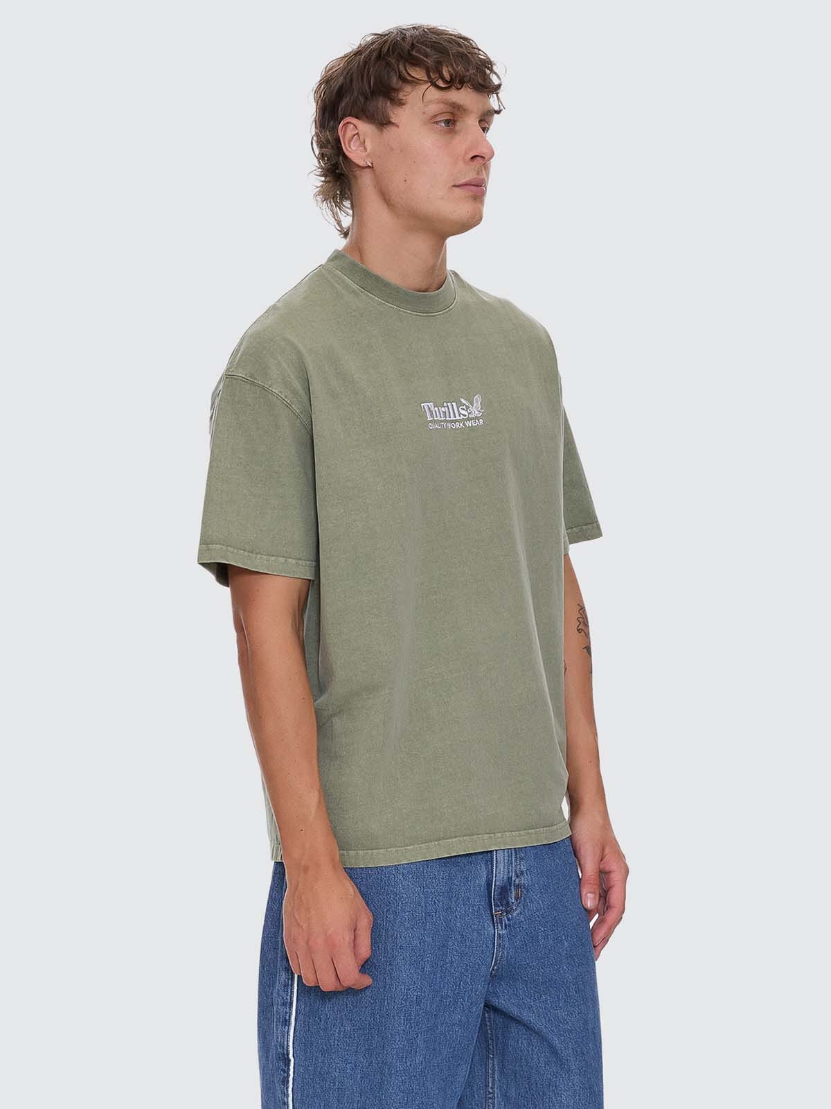 Thrills Workwear Embro Box Fit Oversize Tee - Light Olive XS