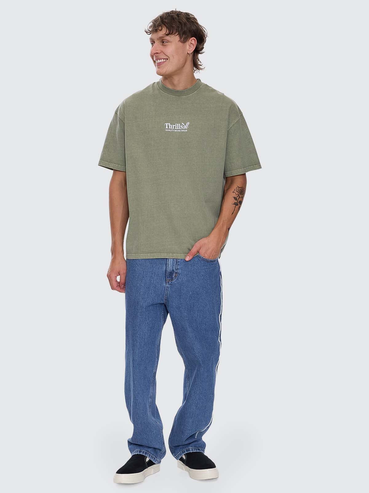 Thrills Workwear Embro Box Fit Oversize Tee - Light Olive XS