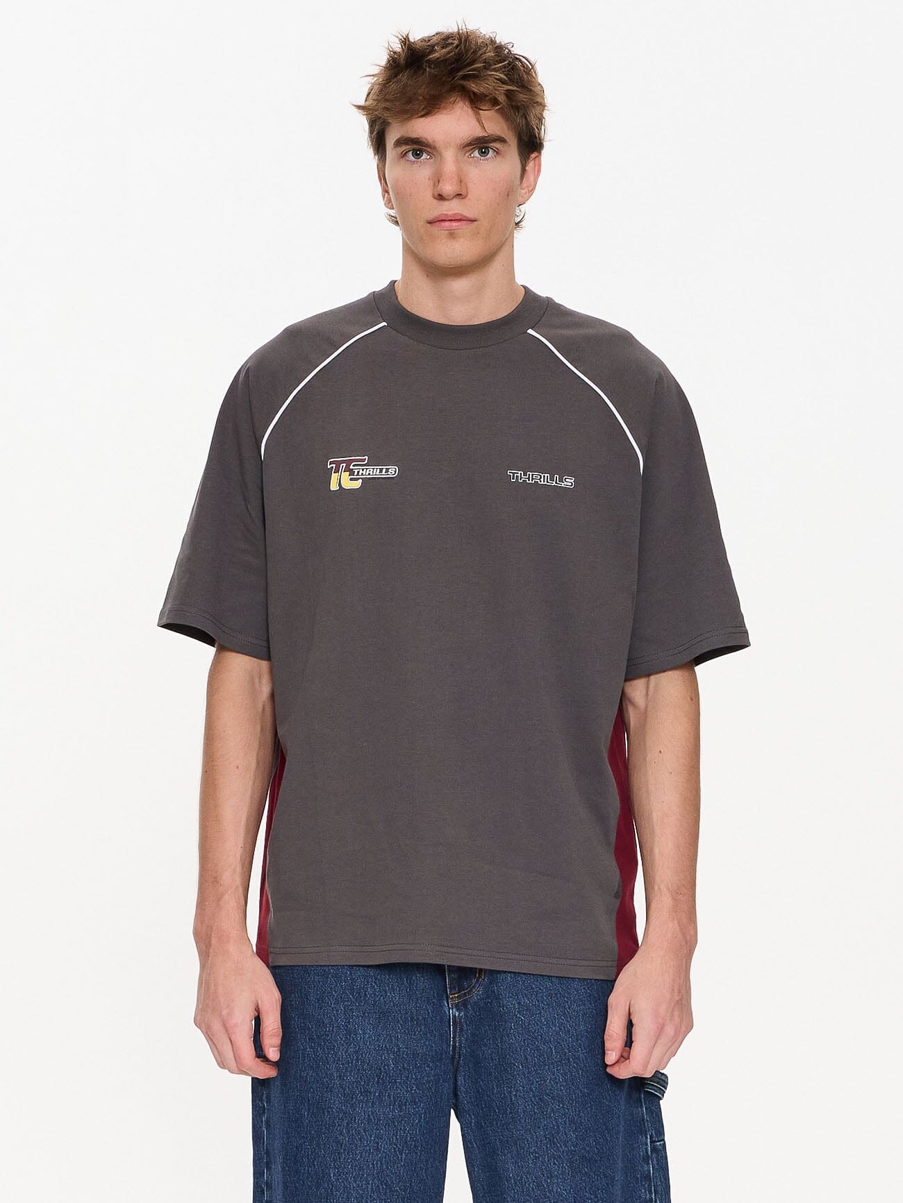 Male model wearing our Thrills  standing against a plain studio background.