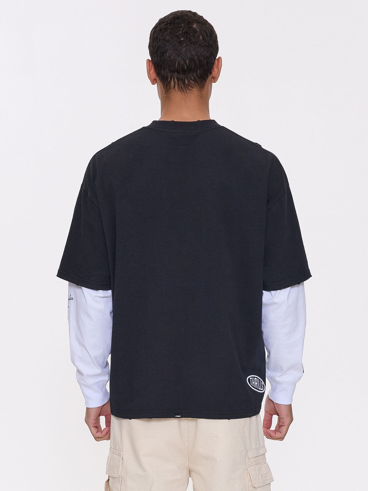 Fractured Layered Box Fit Cropped Long Sleeve Tee - Washed Black