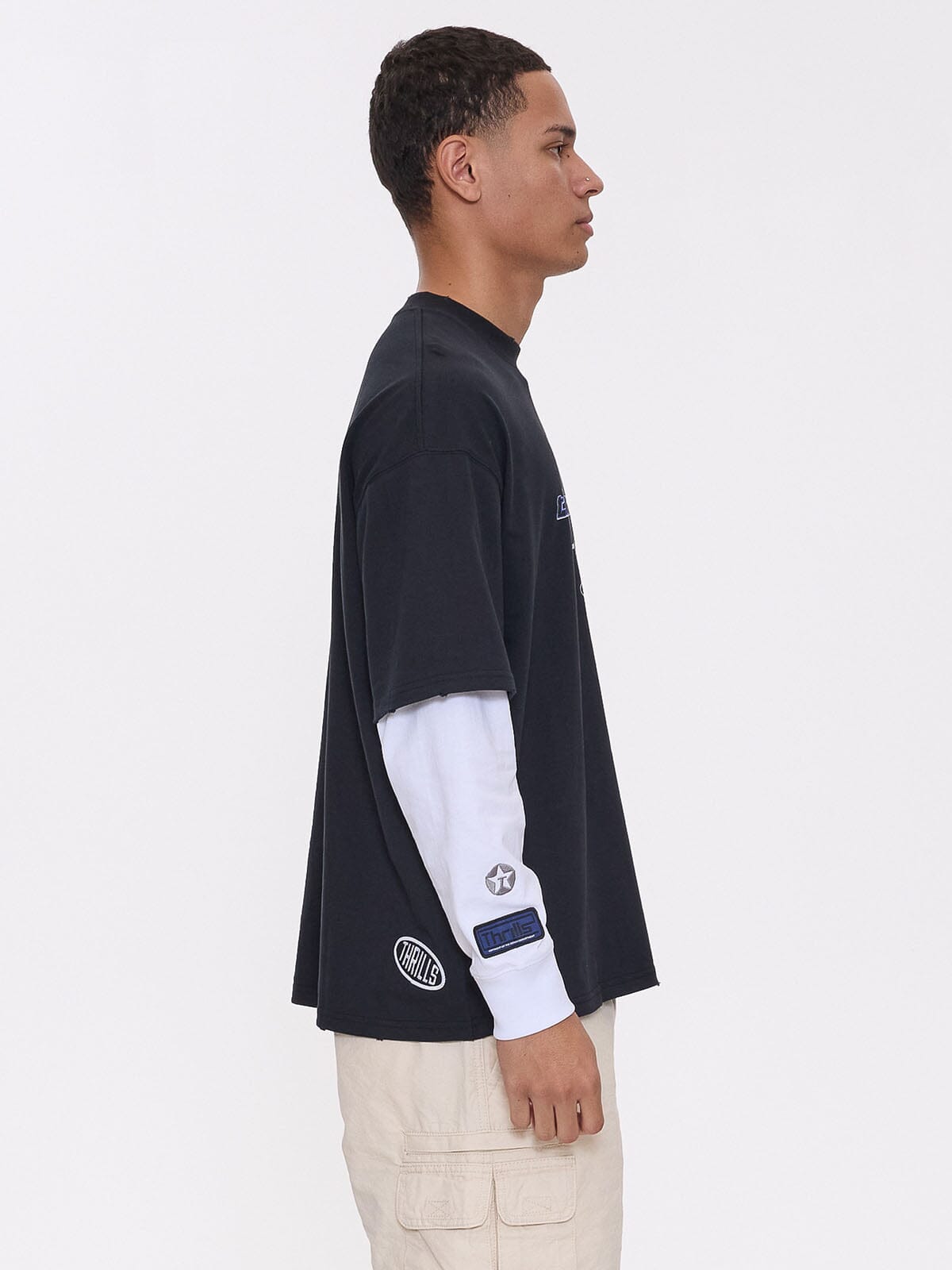 Fractured Layered Box Fit Cropped Long Sleeve Tee - Washed Black