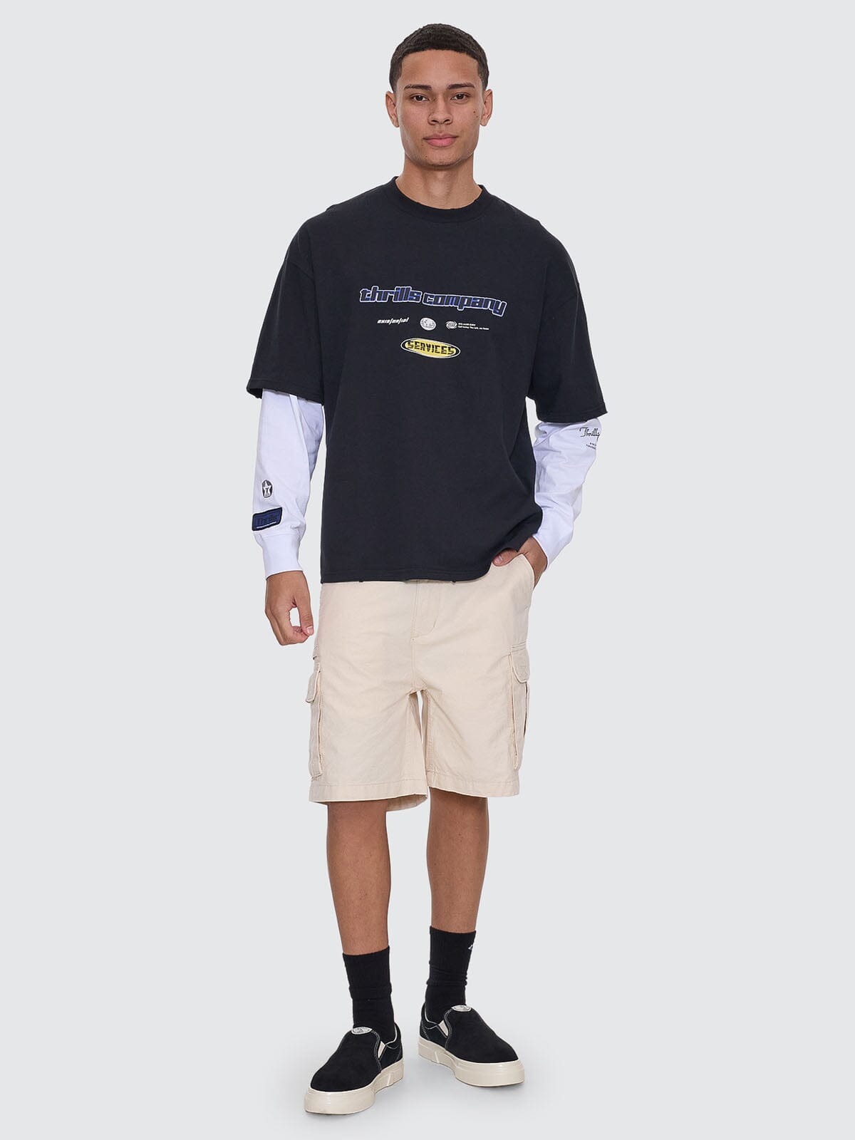 Fractured Layered Box Fit Cropped Long Sleeve Tee - Washed Black