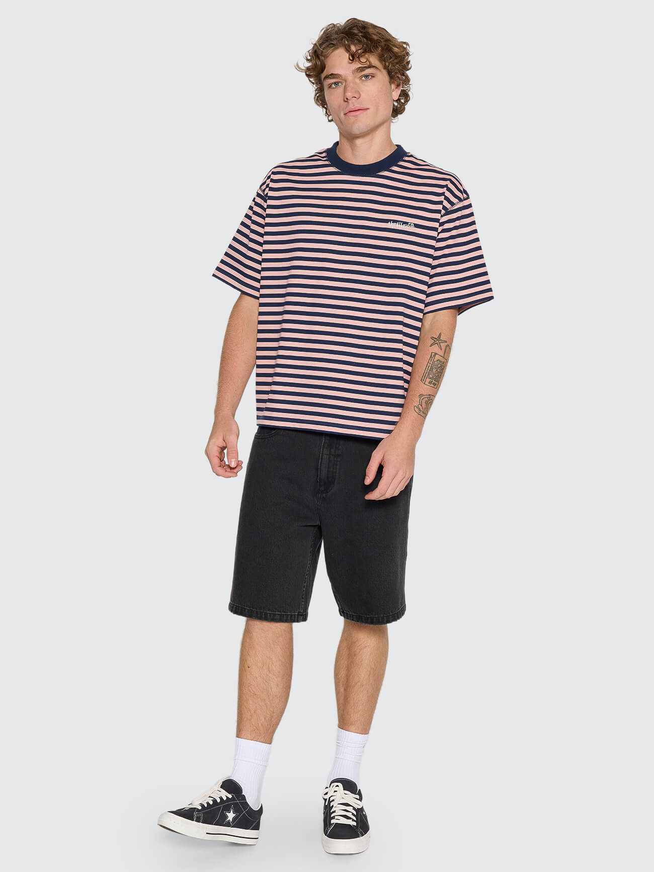 Echoes Stripe Box Fit Oversize Cropped Tee - Navy Stripe XS