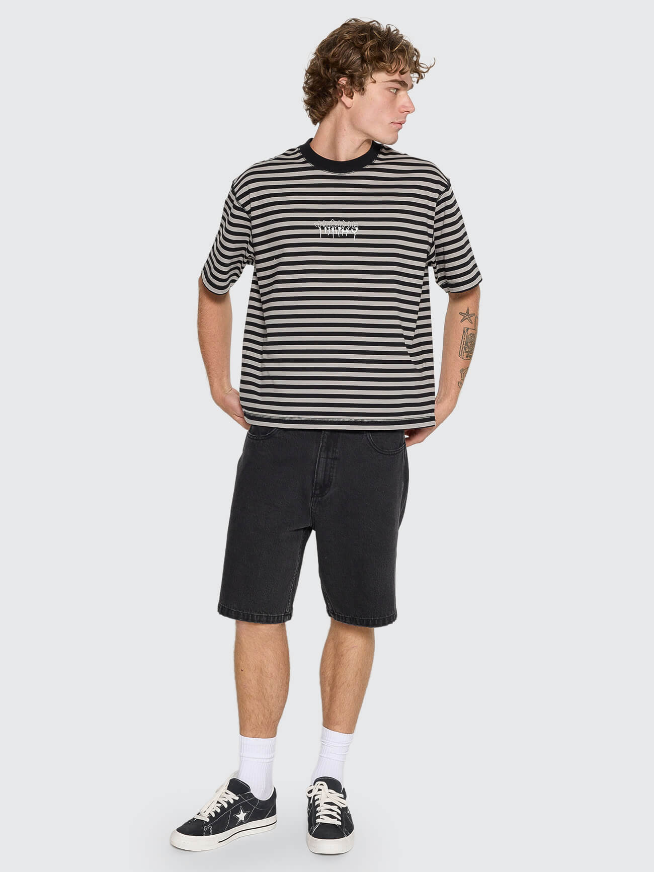 Shattered Stripe Box Fit Oversize Cropped Tee - Grey Stripe XS