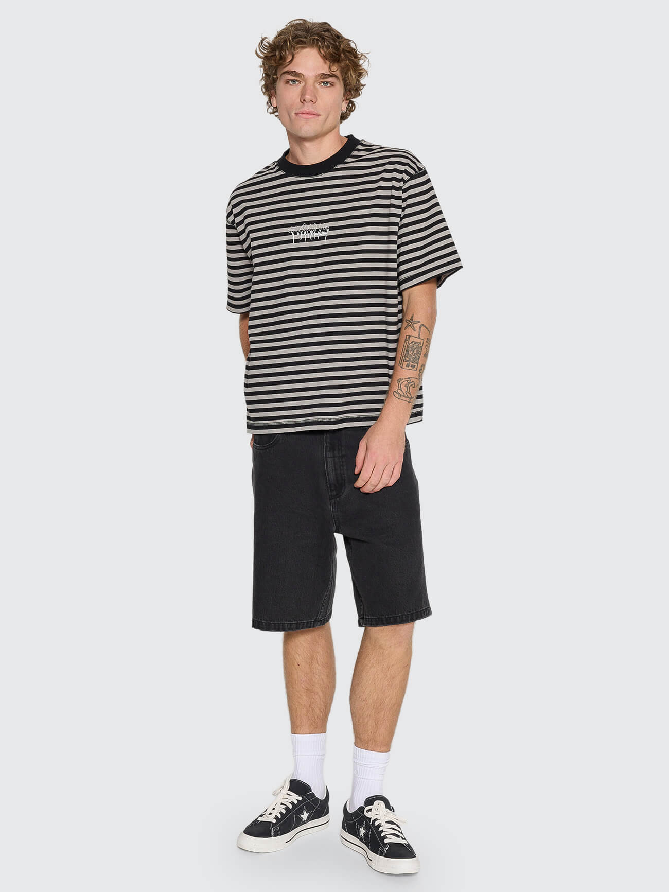 Shattered Stripe Box Fit Oversize Cropped Tee - Grey Stripe XS