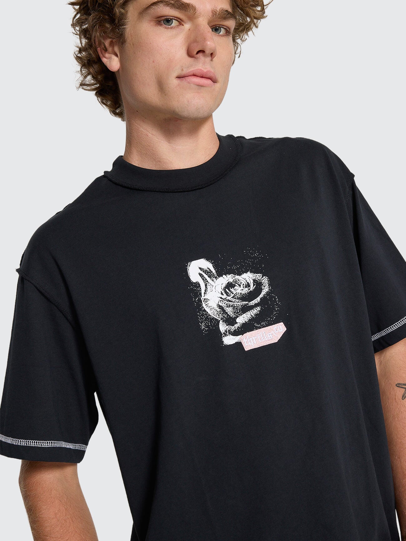 Rose Brigade Box Fit Oversize Cropped Tee - Washed Black XS