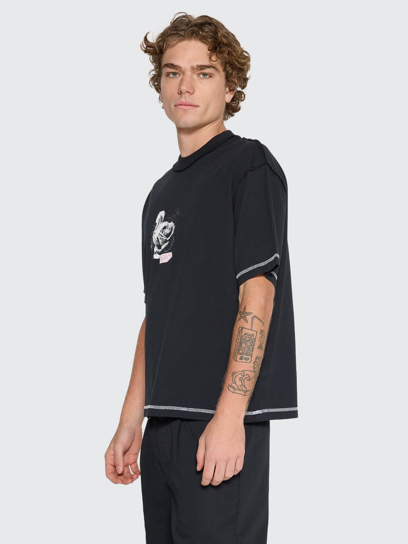 Rose Brigade Box Fit Oversize Cropped Tee - Washed Black XS
