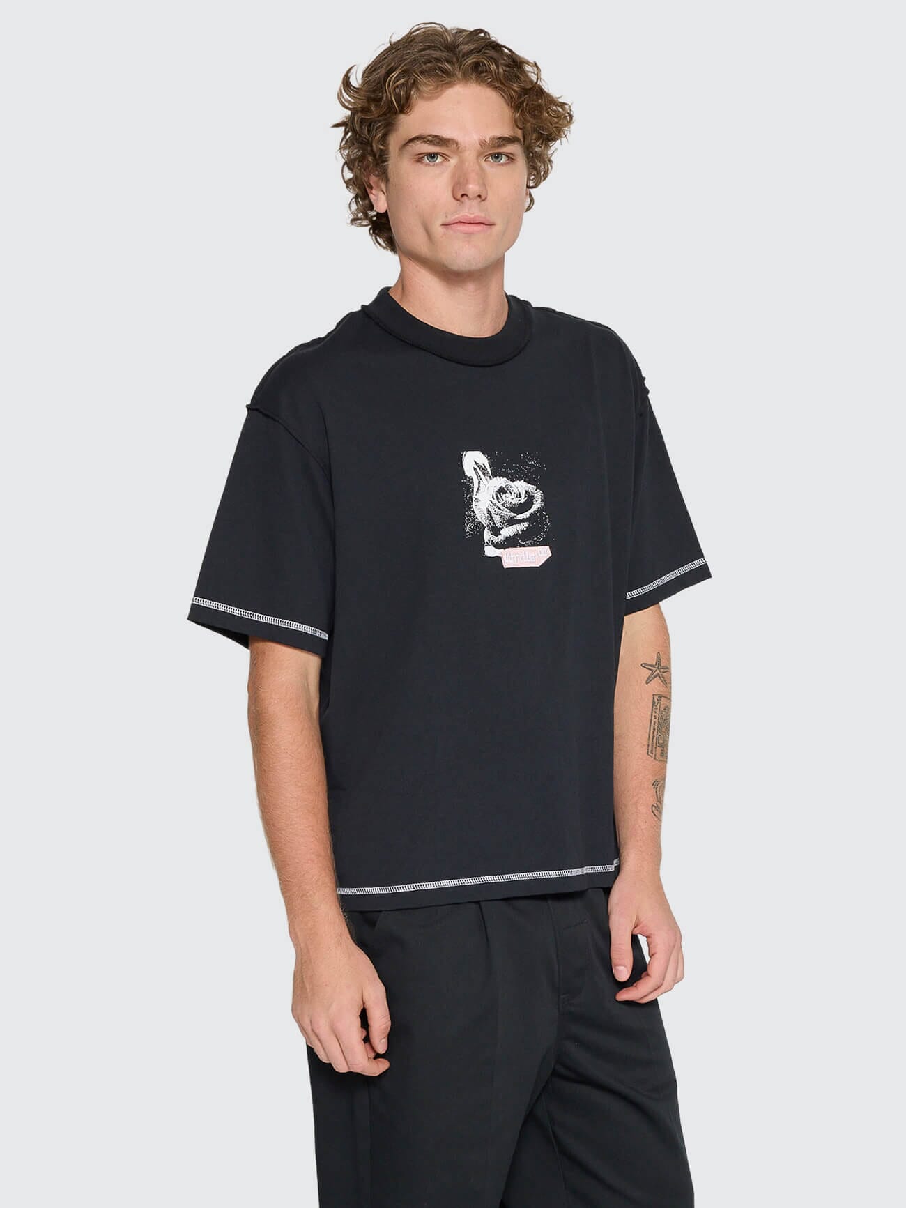 Rose Brigade Box Fit Oversize Cropped Tee - Washed Black XS
