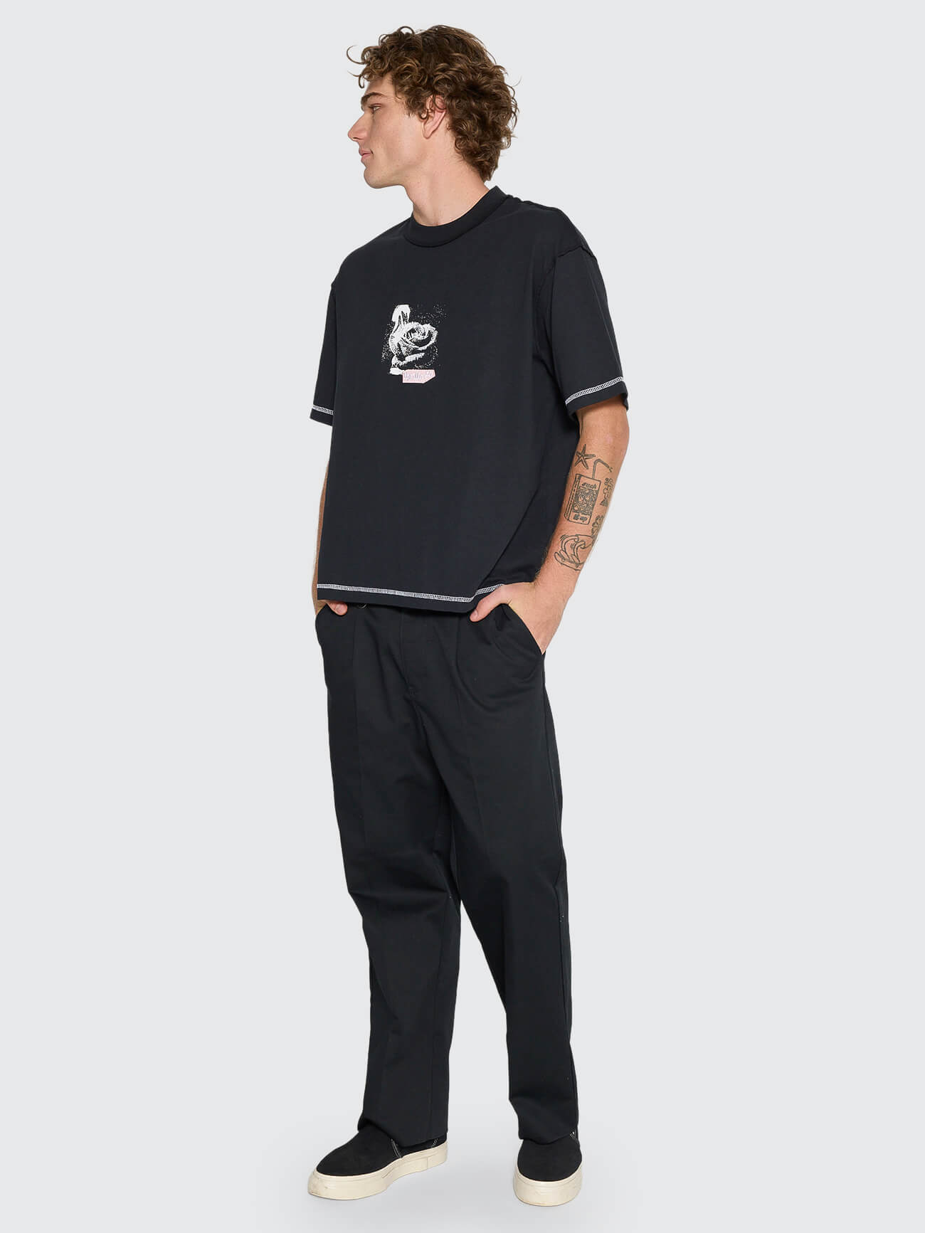 Rose Brigade Box Fit Oversize Cropped Tee - Washed Black XS