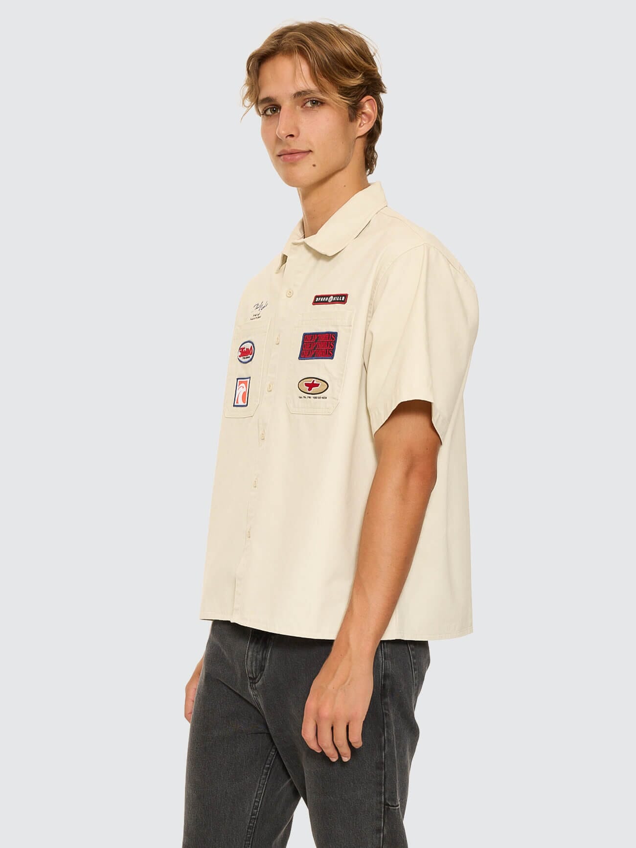 Double Time Short Sleeve Crop Work Shirt - Bone